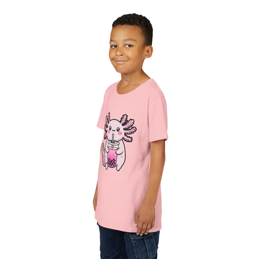 Cute Axolotl Bubble Tea Youth Tee, Funny Kids T-Shirt, Gifts for Water Lovers, Birthday Gift, Summer Shirt, Cute Animal Tee